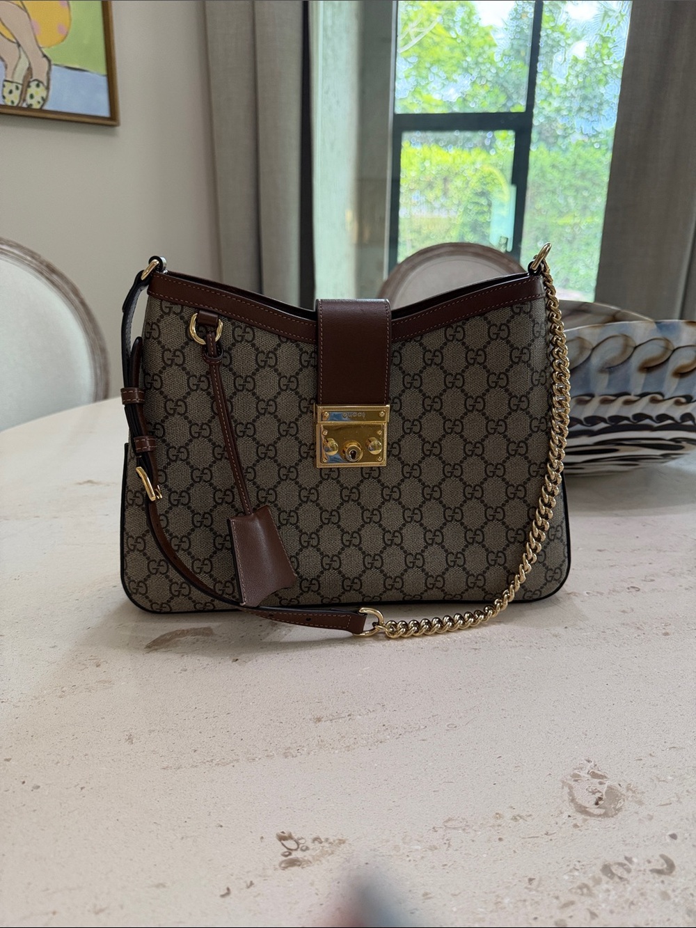 Gucci Brown Monogram Shoulder Bag with Gold Hardware